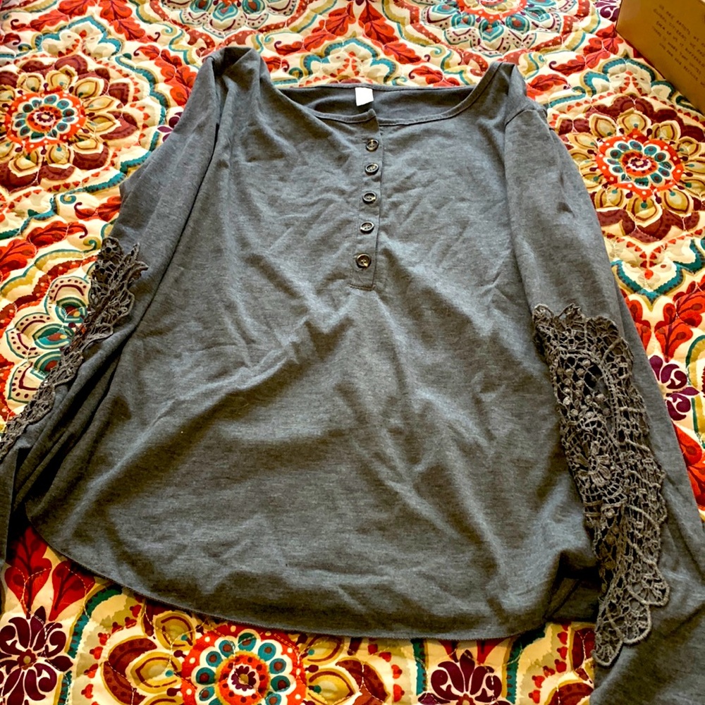 Grey long sleeve top with crochet on sleeves